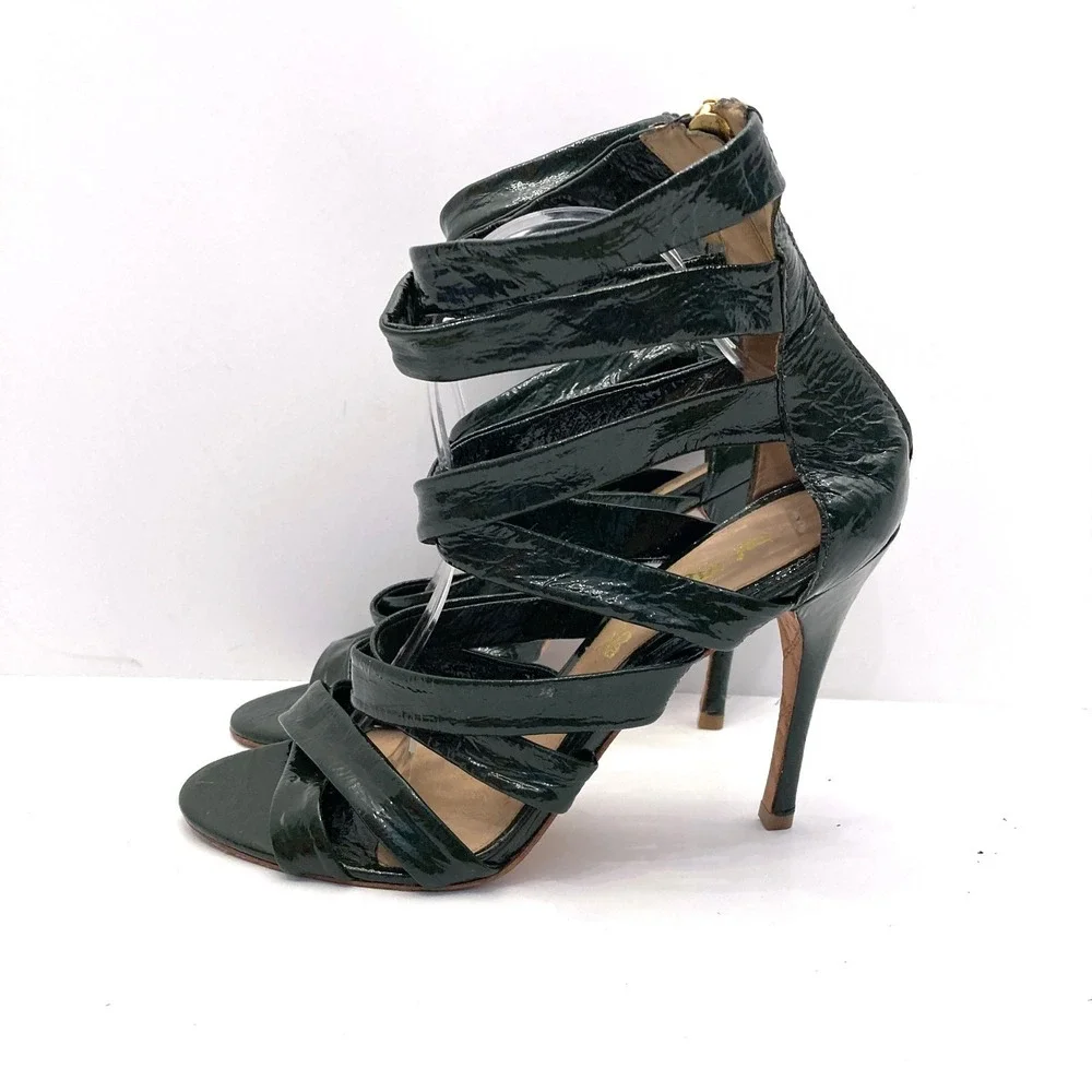 L.A.M.B. Tizzy Heels Green Patent Leather Crisscross Strappy Stiletto Womens 9.5